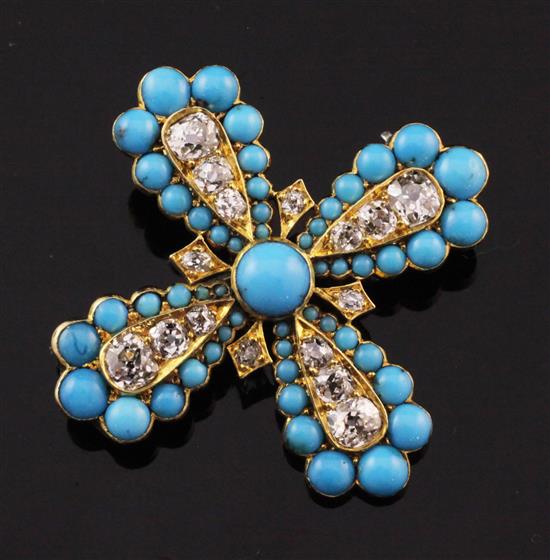 A Victorian gold, turquoise and diamond cruciform brooch, 1.5in.